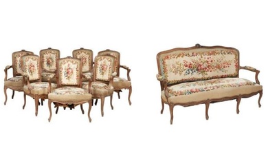 French Eight Piece Louis XV Style Carved Walnut Needlepoint Eight Piece Parlor Set, 20th c., Settee