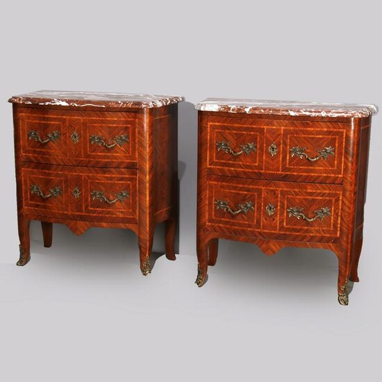 French Louis XV Kingwood Inlaid and Marble Commodes