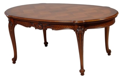 French Louis XV Style Carved Cherry Dining Table, 20th c., the stepped parquetry top over a shell