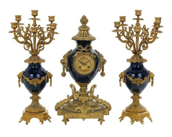 French Porcelain and Gilt-Bronze Clock Set