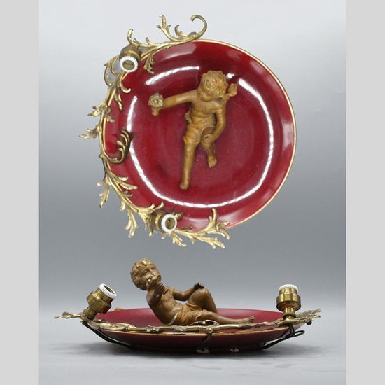 French Porcelain and Metal 2-Light Putti Wall Plaque