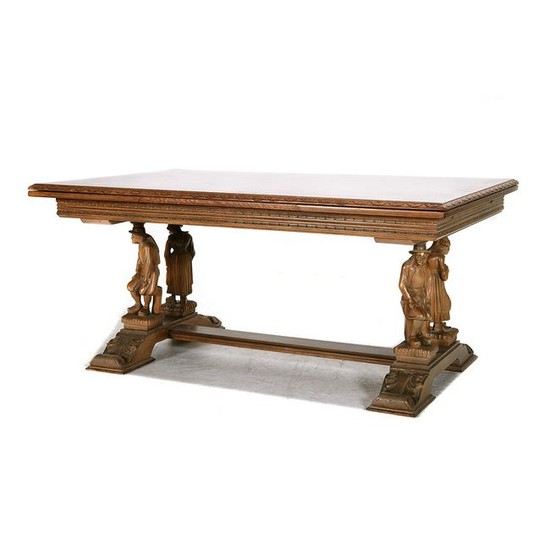 French Renaissance Style Carved Oak Dining Table.