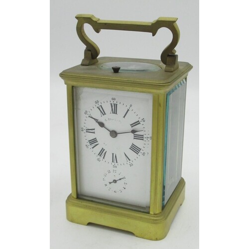French gilt brass gorge cased repeating carriage alarm clock...