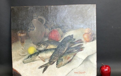 French oil on board still life painting with fish