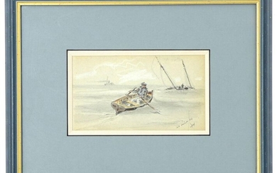 French school end of XIXth century "Marin de dos"; "Marin à la rame" and "Bateaux sous voile", three watercolours, monogrammed and dated "1882". 8,5 x 14,5 cm