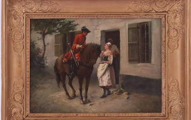 French soldier on horseback talking to servant and