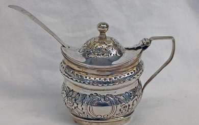 GEORGE III SILVER OVAL MUSTARD POT WITH FOLIATE EMBOSSED DEC...