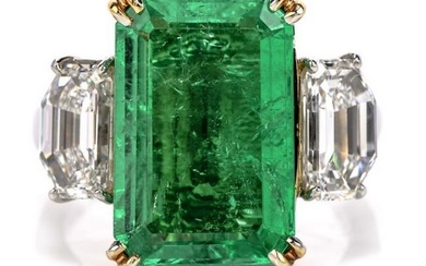 GIA 4.91ct Emerald Diamond 3 Stone Platinum Engagement Cocktail Ring