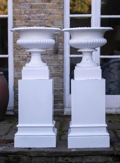 Garden planters/pots: A pair of rare Coalbrookdale cast iron urns on pedestals
