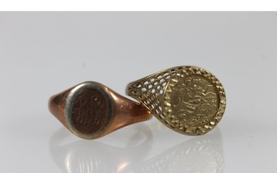 Gents 9ct gold signet ring, size L/M, 3.1g and a 9ct gold ri...