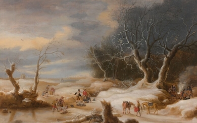 Gijsbrecht LEYTENS Anvers, 1586 - 1656Embuscade dans un paysage de neigeHuile sur panneau de chêne,...