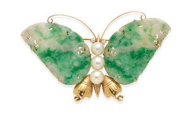 Gold, Jade and Cultured Pearl Butterfly Brooch