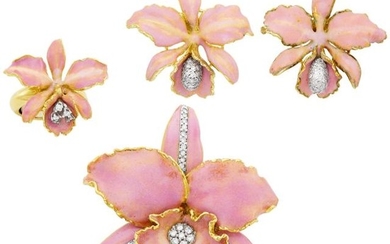 Gold, Pink Enamel and Diamond Flower Brooch, Pair of Earclips and Ring
