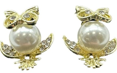 Gold Plated & Pearl Owl Stud Earrings With Austrian Crystals
