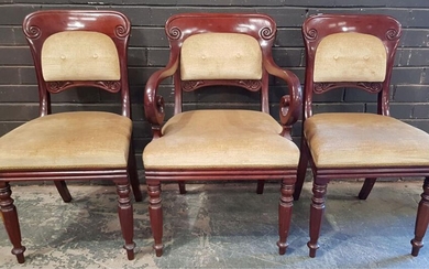 Good Set of 10 William IV Mahogany Dining Chairs, including two armchairs, the backs with re-inforced design uprights & carved with...