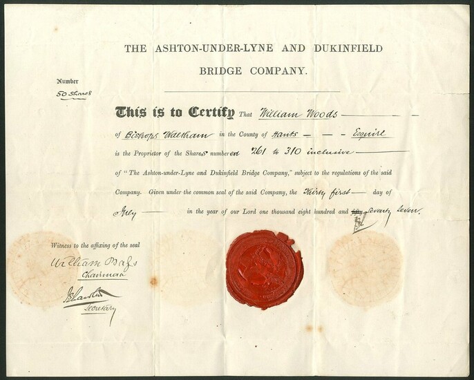 Great Britain: Ashton-under-Lyne and Dunkinfield Bridge Co., certificate of shares, 185[77], #2...