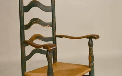 Green Painted Maple Rush-Seat Ladderback Armchair