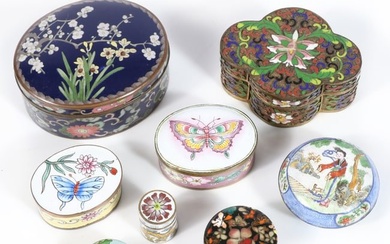 Group of 8 Asian cloisonne and enamel trinket and pill vanity dresser boxes; Japanese and Chinese
