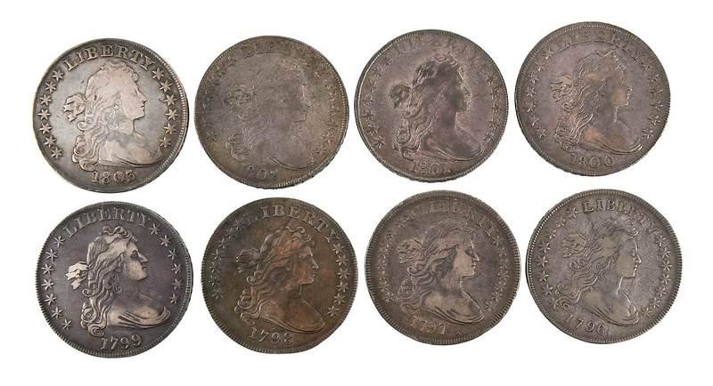 Group of Eight Draped Bust Silver Dollars