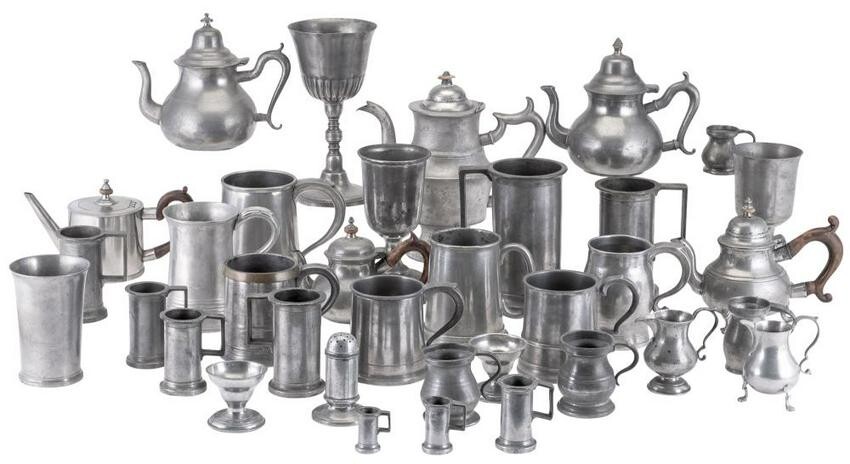 Group of Pewter Mugs, Measures, Teapots, Etc.