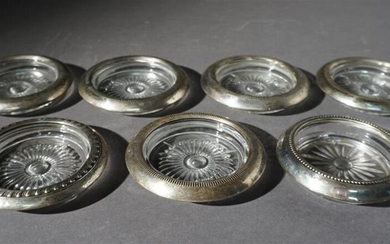 Group with Seven Sterling Silver Clad Molded Glass Coasters, D: 4 inches