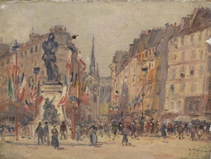 Gustave Madelin Rue pavoisée Huile sur toile signé…