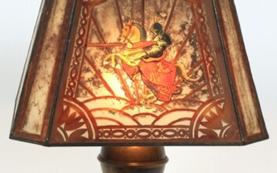 HANDEL REVERSE PAINTED "KNIGHT" TABLE LAMP #261, THREE EAGLE BASE CIRCA 1910 H 23" W 14"