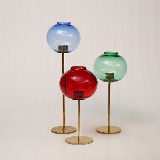 HANS-AGNE JAKOBSSON. Candle lanterns, brass and glass, 3 pieces, Markaryd 1960s/70s.