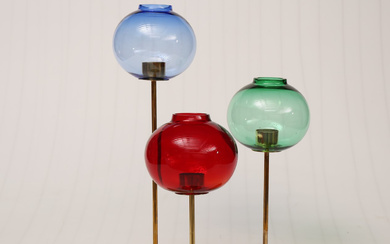 HANS-AGNE JAKOBSSON. Candle lanterns, brass and glass, 3 pieces, Markaryd 1960s/70s.