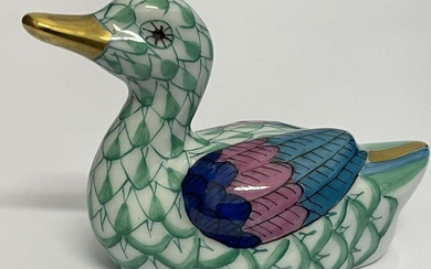HEREND HAND PAINTED DUCK MINIATURE SEA FOAM GREEN AND BLUE HUNGARIAN PORCELAIN An Outstanding