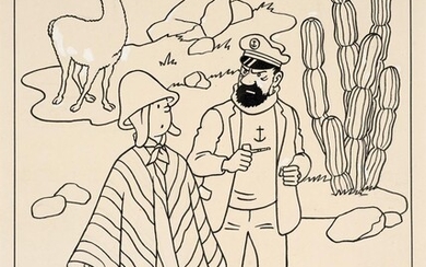 HERGÉ STUDIOS Le Temple du soleil Encre de Chine sur papier pour une illustration représentant Tintin et le capitaine Haddock a...