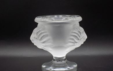 Handsome signed Lalique art glass vase with lionheads