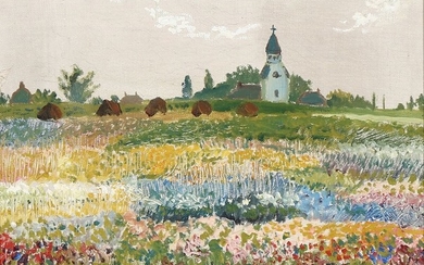 Henry Heerup: View of field and Søborg Kirke, Denmark. Unsigned. Oil on canvas. 29×32 cm.