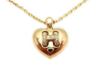 Hermes 18k Yellow Gold Diamond H Heart Pendant Necklace