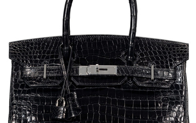 Hermès 30cm Shiny Black Porosus Crocodile Birkin Bag with...