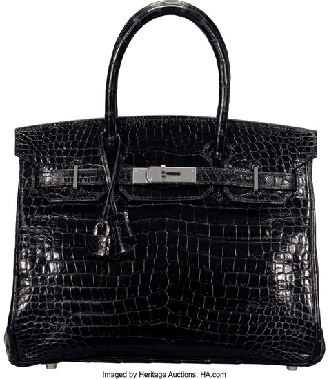 Hermès 30cm Shiny Black Porosus Crocodile Birkin Bag with...