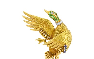 Hermès Paris Gold, Platinum Diamond, Emerald and Sapphire Goose Clip-Brooch