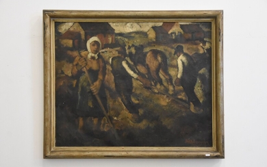 Huile sur toile "Ploegen" signée Barth Verschaeren (80x100cm)