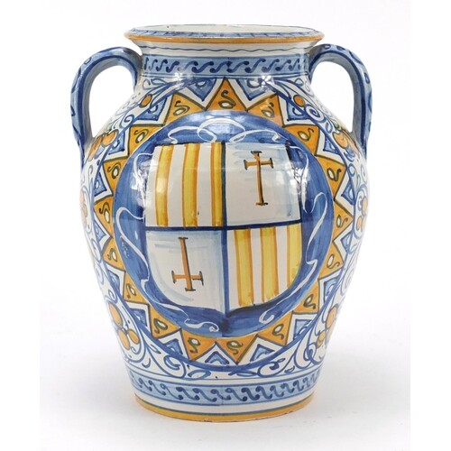 Italian Maiolica twin handled pottery vase hand painted with...