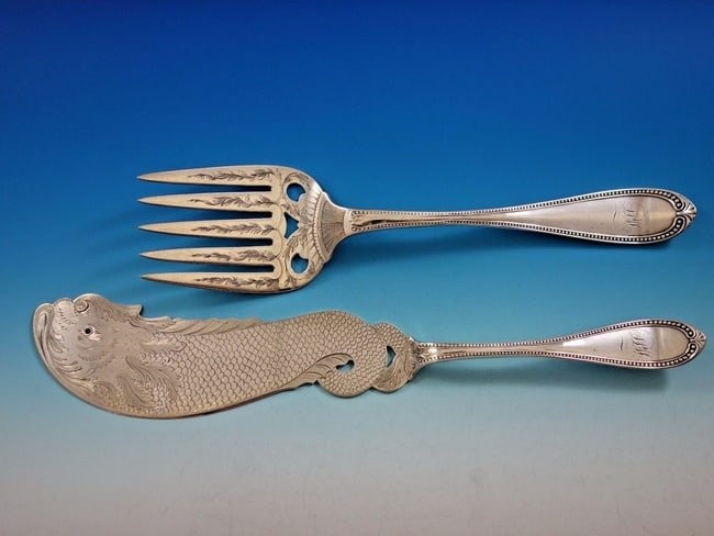 J.E. Caldwell Sterling Silver Fish Serving Set with Dolphin Brite-cut 14"