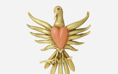 Jean Schlumberger for Tiffany & Co. Coral, ruby, and gold bird brooch