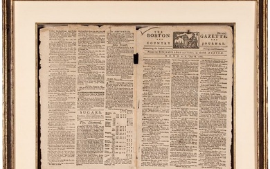 July 8, 1782, THE BOSTON GAZETTE Masthead Engraved by Paul Revere Printed by Benjamin Edes + Sons