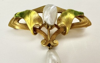 Krementz & Co. 14k enamel belle epoque brooch, freshwater pearl