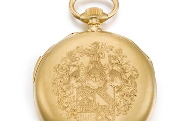 LE ROY | A GOLD OPEN-FACED MINUTE REPEATING GRANDE SONNERIE CARILLON CLOCK WATCH, THE BACK ENGRAVED WITH THE ARMS OF SIR DAVID SALOMONS CIRCA 1890