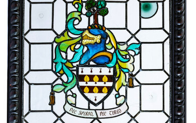 LEADED STAINED GLASS FAMILIAL CREST WINDOW, H 35", W 32"