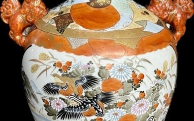 Large Antique Japanese Porcelain Meiji Kutani Vase w/ Bronze base 16 inches tall