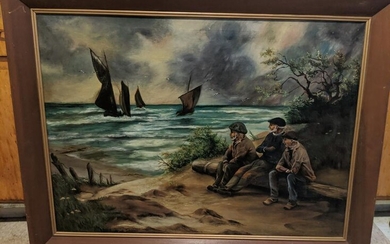 Large Antique Unsigned Sailors on Shore Oil Painting