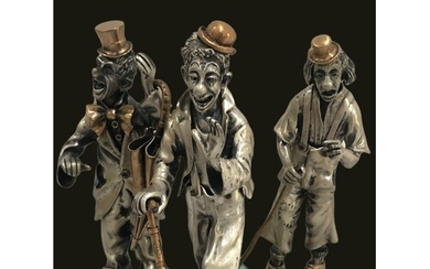 Large solid silver figurine set-of 3 Clowns each with diffe...