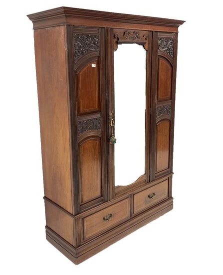 Late Victorian mahogany wardrobe, projecting cornice over panelled and...