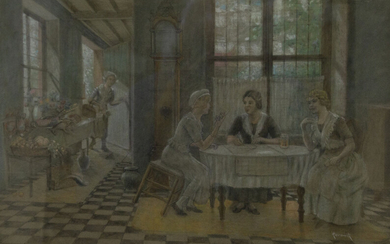 Leopold Horowitz (Austrian, 1838-1917) - Women in the Kitchen, Pastel on Paper.
